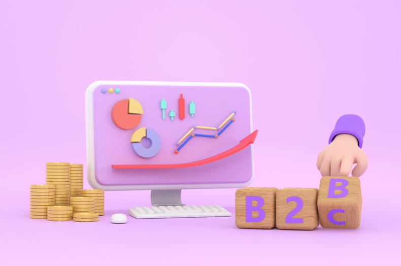 An aminated computer that displays graphs and charts with a pile of coins next to it and building blocks showing the letters B2B being turned over to show B2C. This image represents the header "B2B and B2C Marketing Defined."