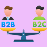 A balancing scale with a figure of a person over each scale representing the words B2B and B2C.