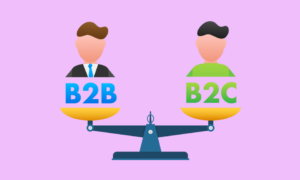 A balancing scale with a figure of a person over each scale representing the words B2B and B2C.