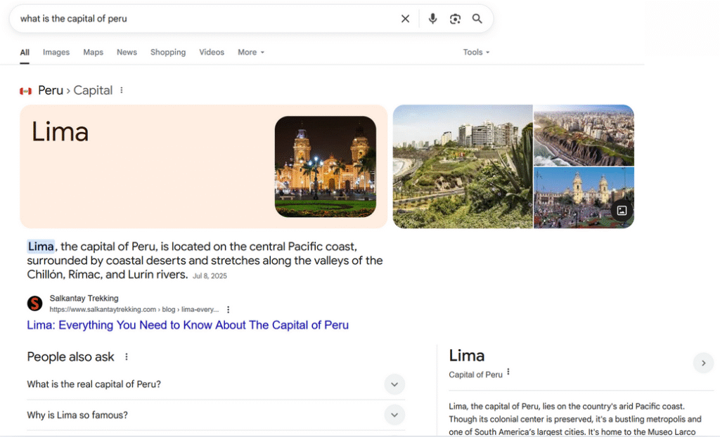 Google search result features for "what is the capital of peru," including People Also Ask.