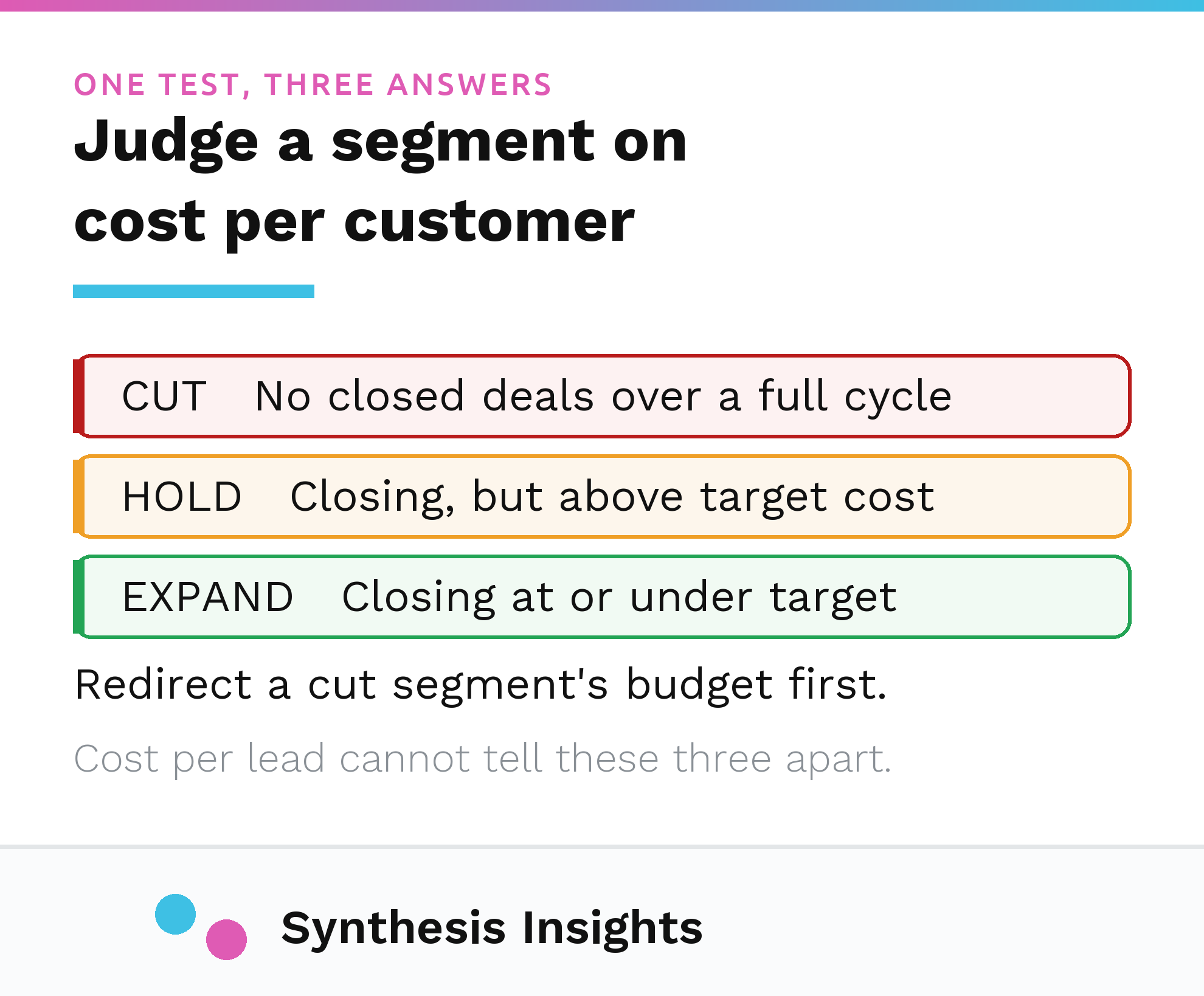 A cut, hold or expand decision for each segment based on cost per acquired customer