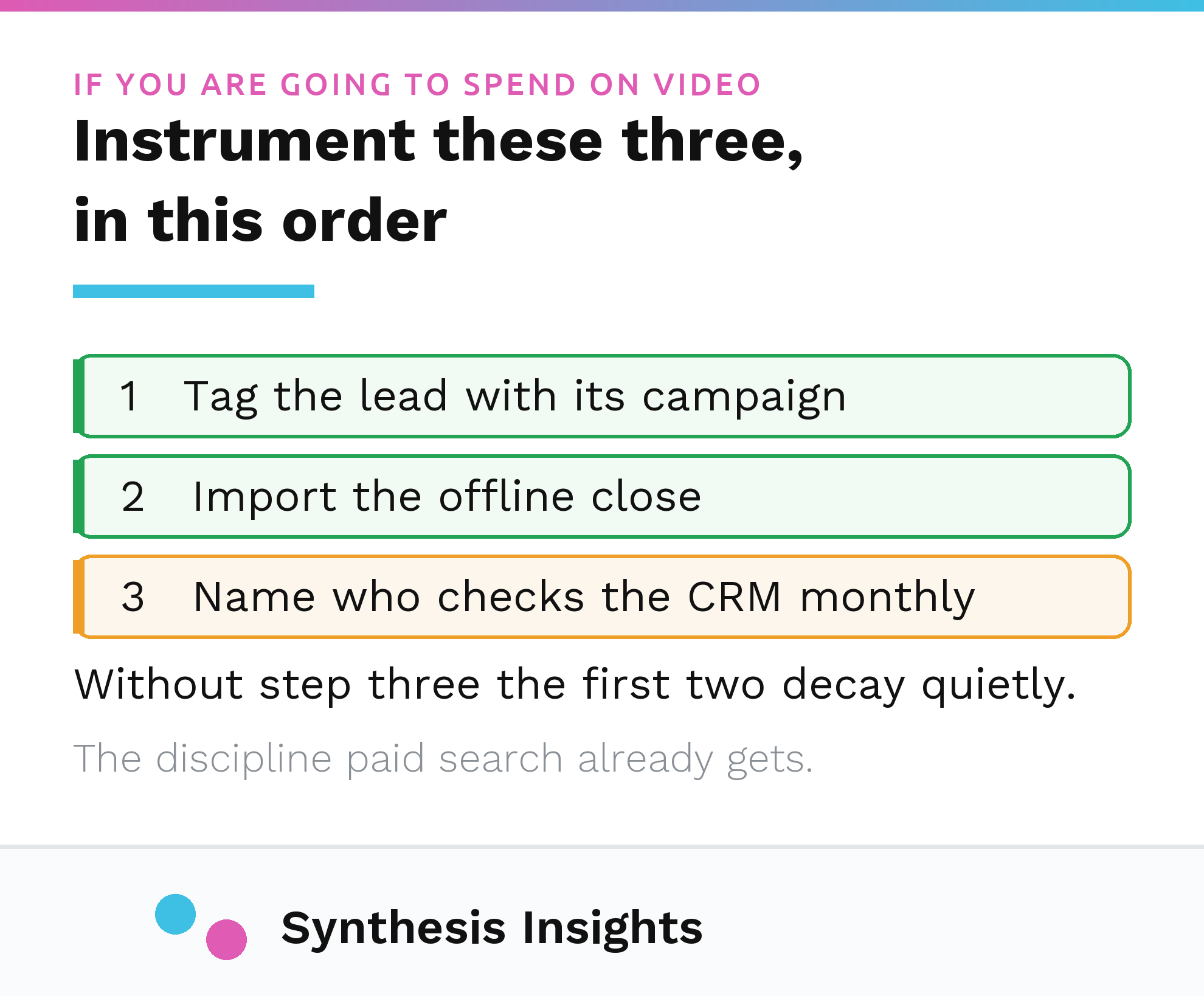 Three things to instrument for video: tag the lead, import the offline close, name who checks monthly