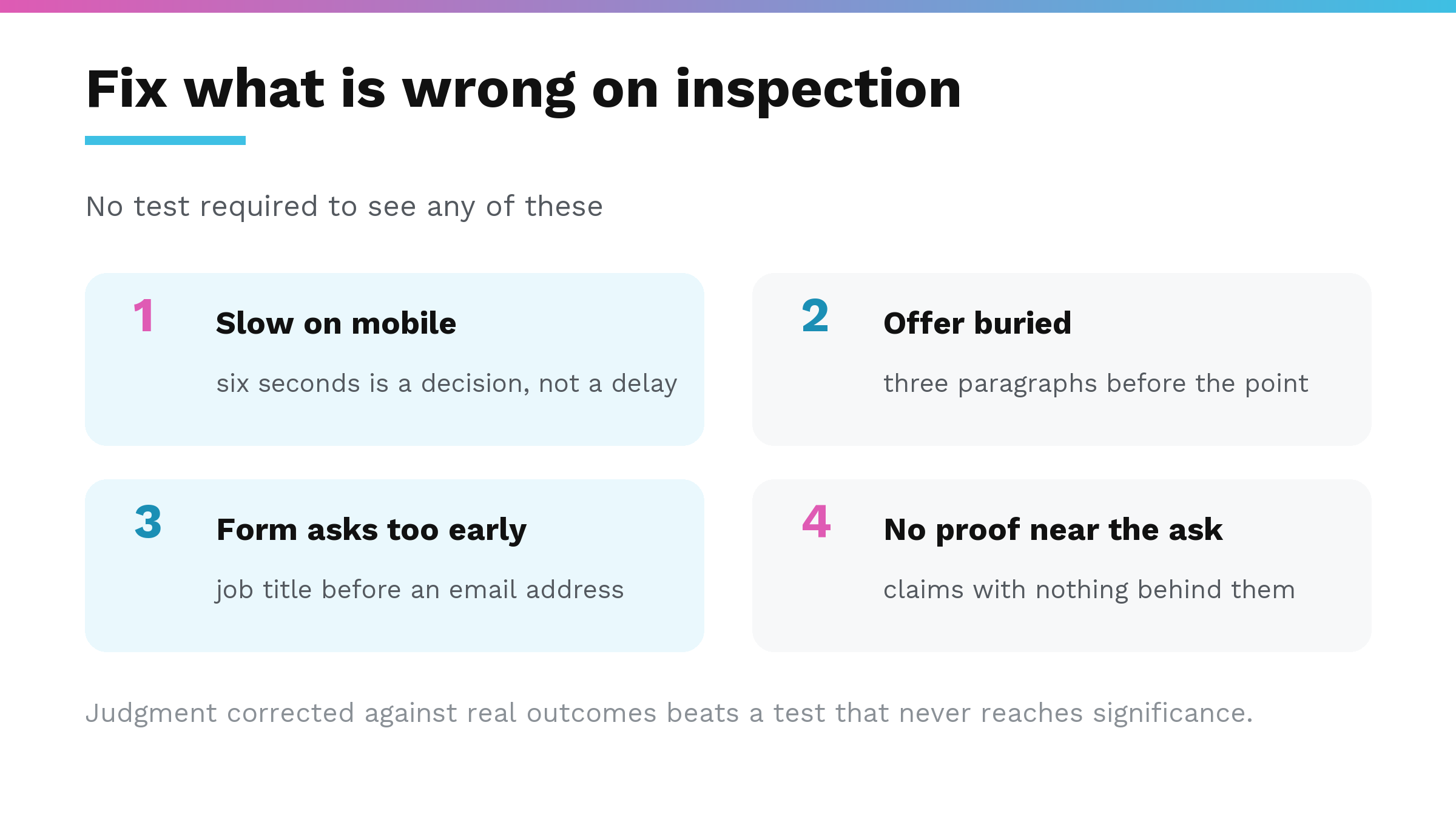 Four landing page problems visible without a test: slow on mobile, offer buried, form asks too early, and no proof near the ask