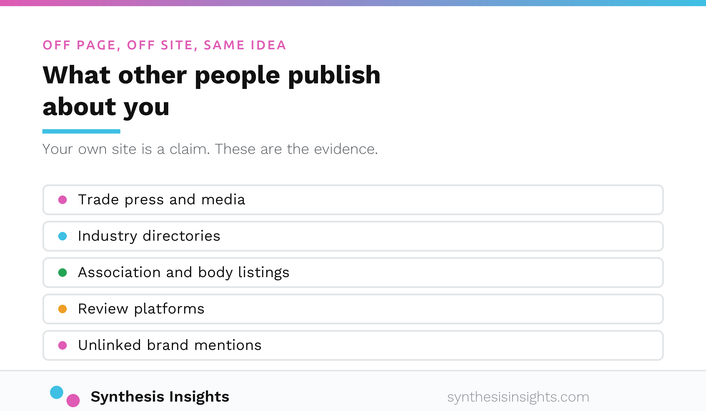 The off page signals that describe a company, including trade press, industry directories, association listings, review platforms and unlinked brand mentions