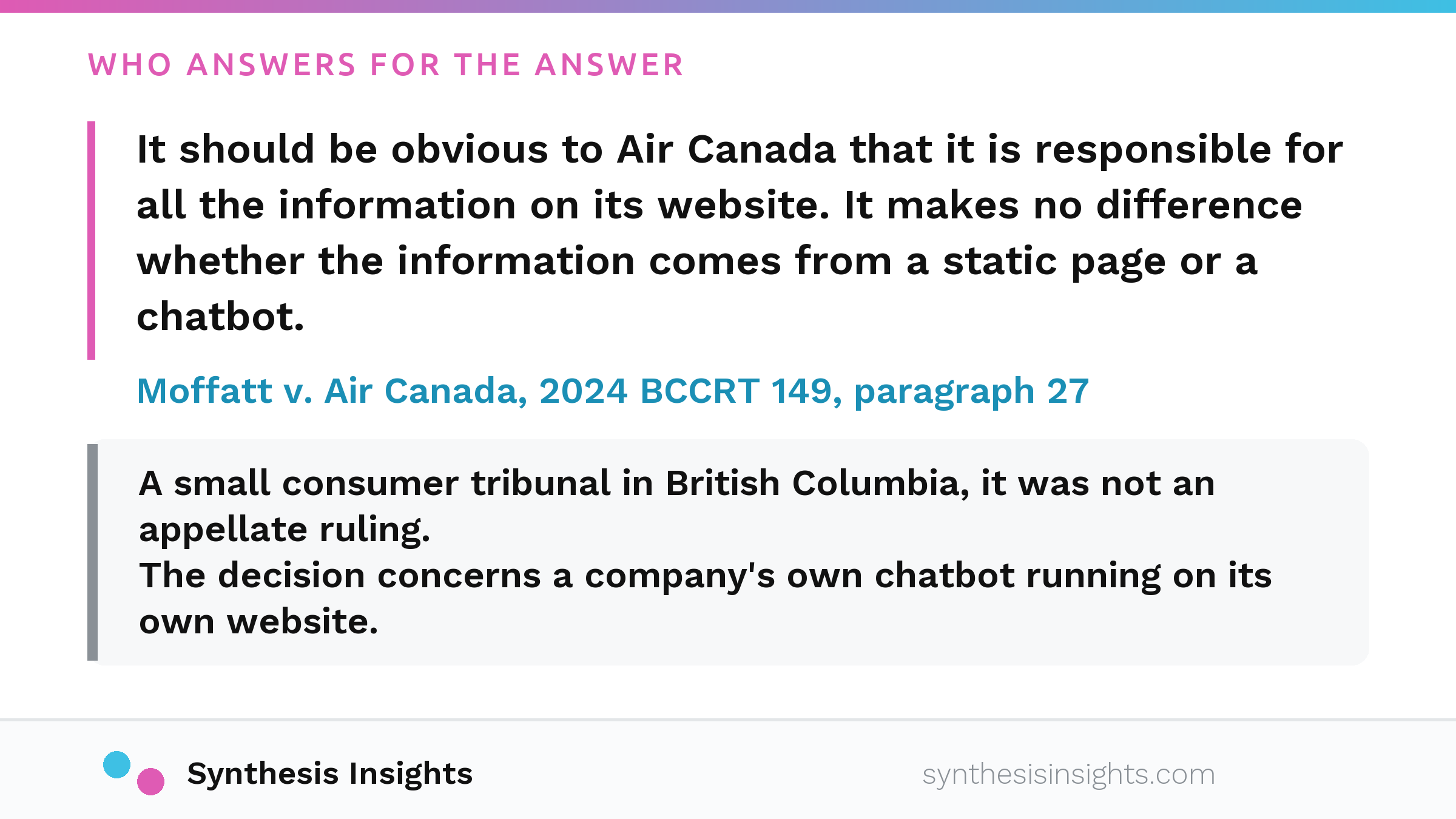 Quote card attributed to Moffatt v. Air Canada, 2024 BCCRT 149, paragraph 27, reading "It makes no difference whether the information comes from a static page or a chatbot"