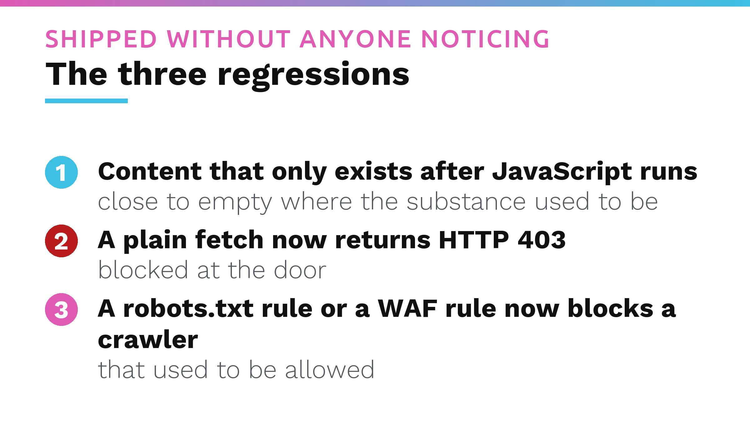Three cards naming the three redesign regressions, JavaScript-only content, an HTTP 403 on a plain fetch, and a robots.txt or WAF block