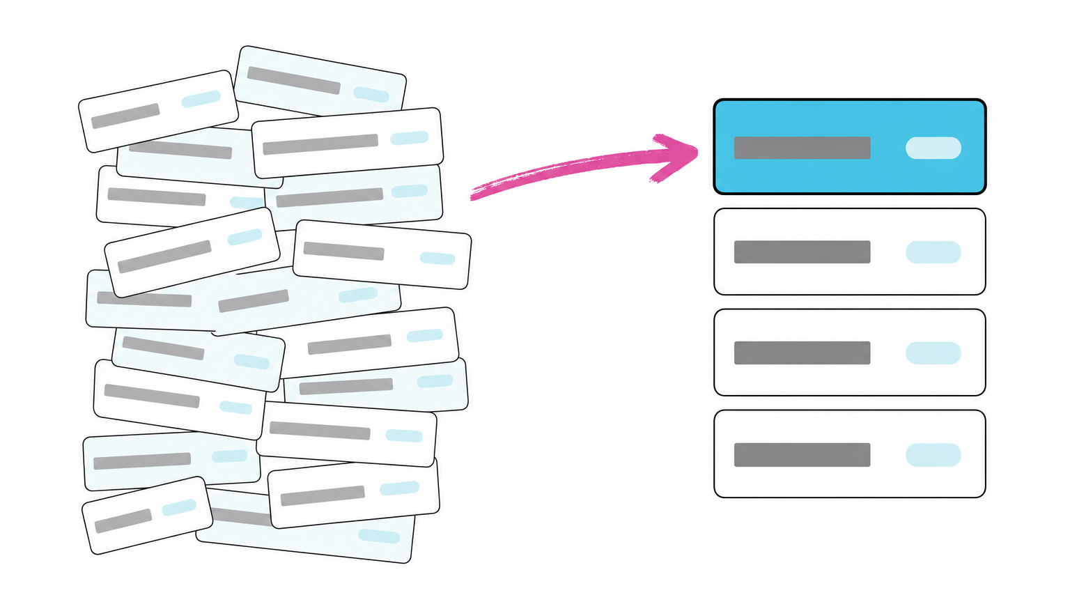 Illustration of support inbox messages turning into a list of buyer questions for an AI visibility check